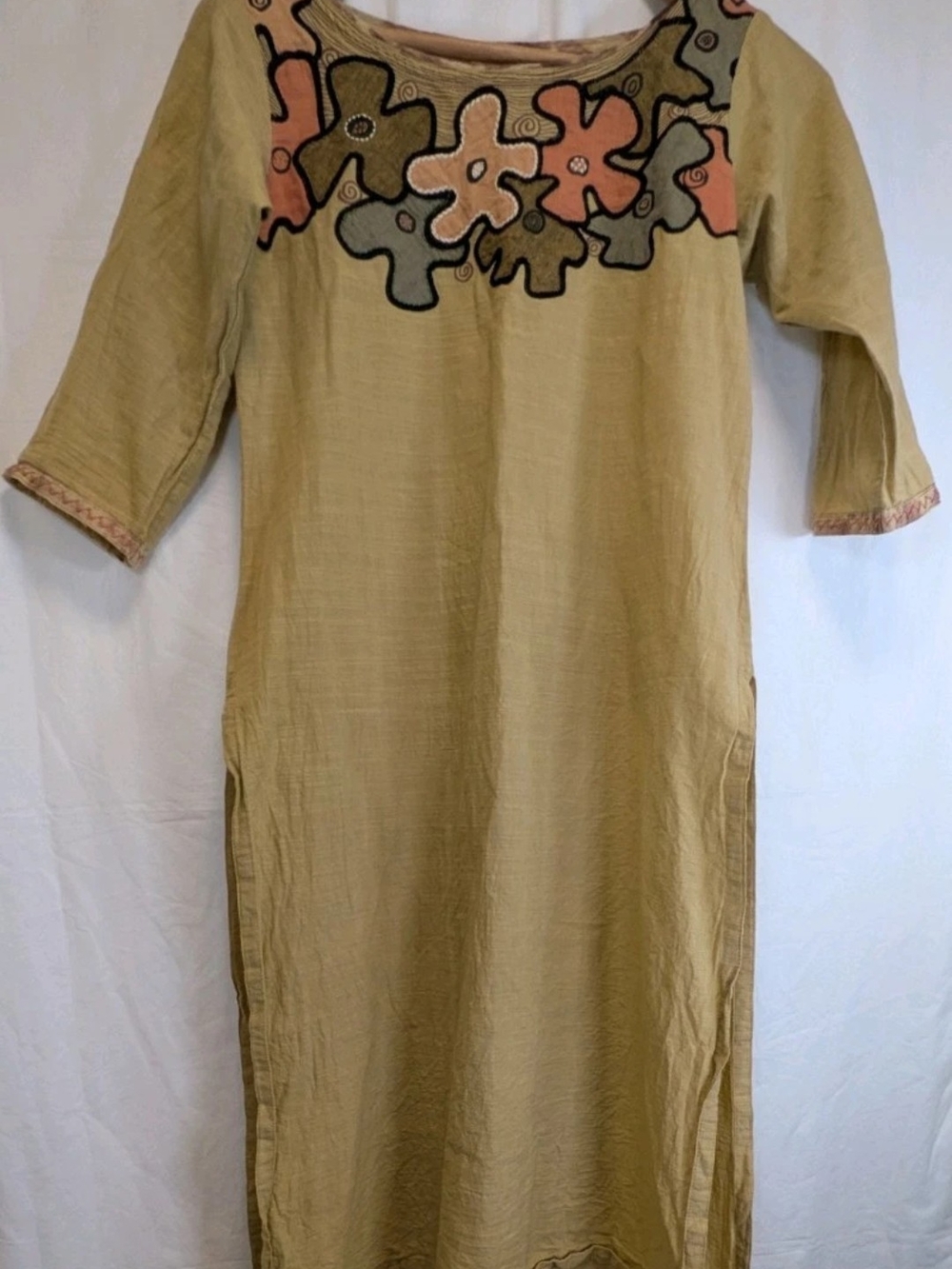 Deshal Olive Green Tunic Dress Sz S with Floral Embroidered Yoke